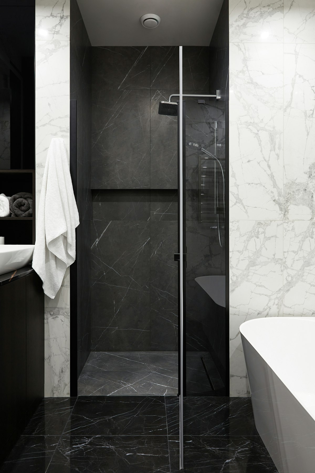 Bathroom renovation contractor Connecticut - marble tile walk-in shower modern vanity by Visser licensed insured